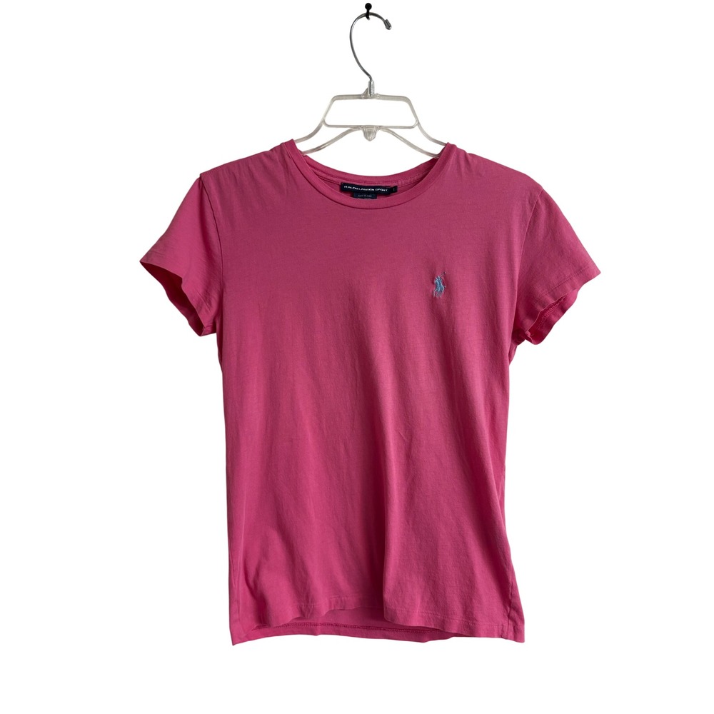 Ralph Lauren Sport Pink Cotton Crew Neck T-Shirt Womens Small Blue Pony Logo